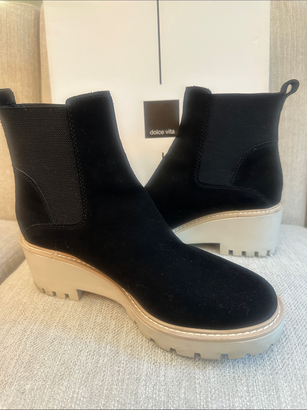 Dolce Vita Haddie Black Suede Chelsea Boot with White Lug Sole strap size 7.5